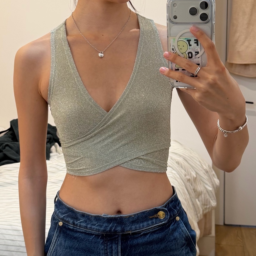 Women's V-Neck Wrap Top - Sparkly Sage Green
